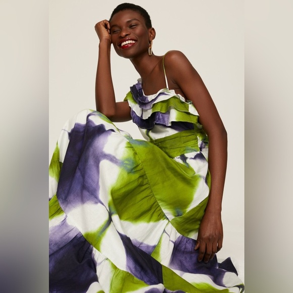 Busayo One Shoulder Ruffle Tie Dye Maxi Purple White and Green Dress - 6 - Picture 3 of 7